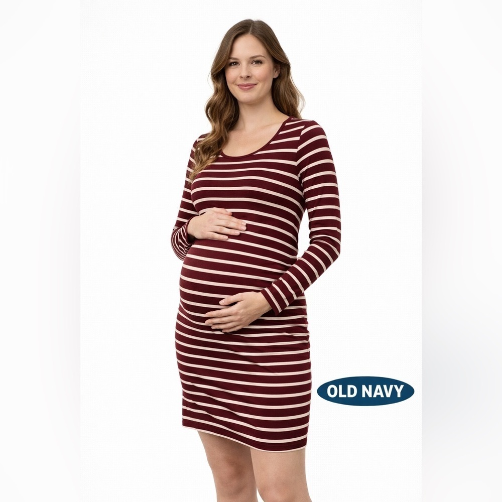 NWT Old Navy maternity long sleeve maroon white fitted dress size S